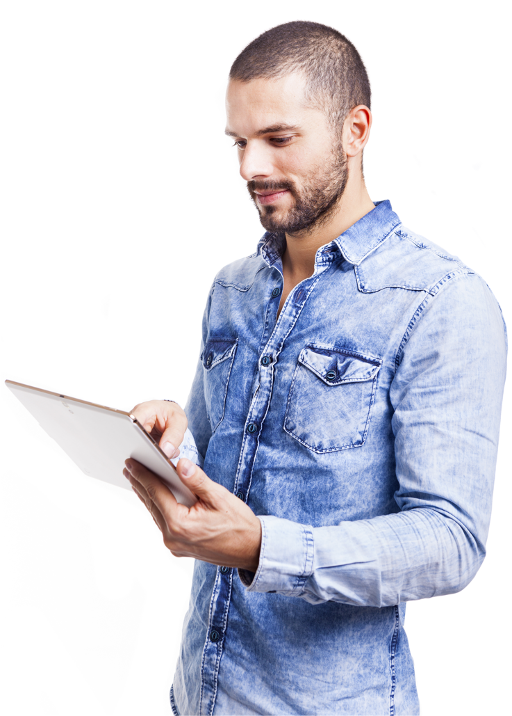 man standing with ipad